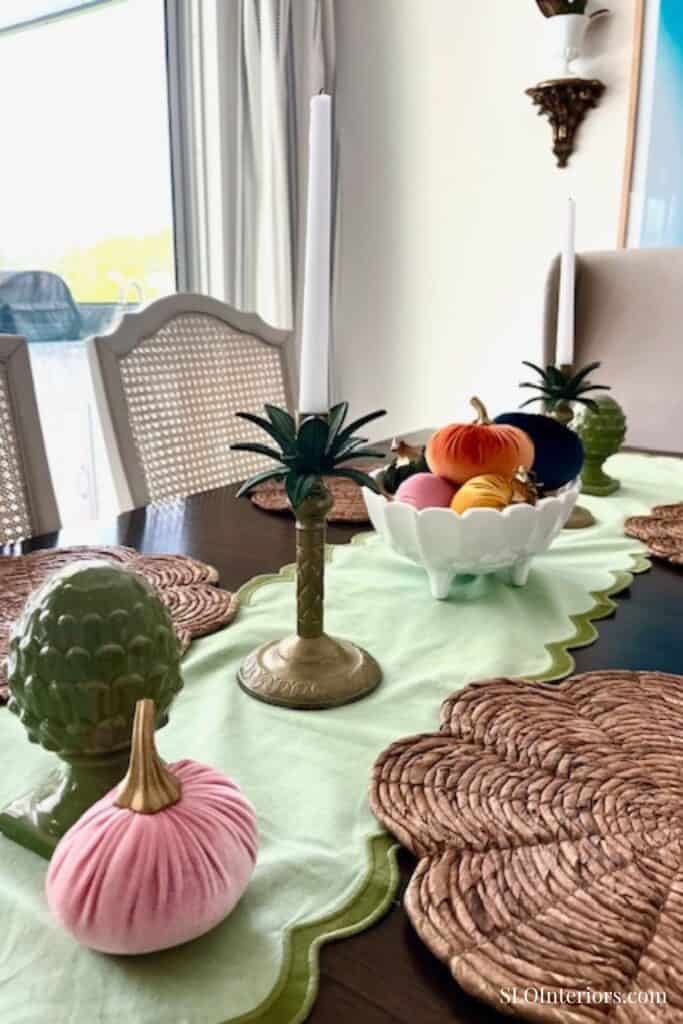 Modern fall tablescape with ceramic artichokes close up