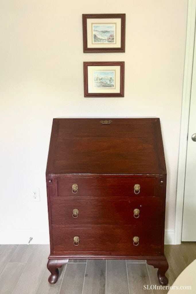 Vintage desk with gold lion pulls on drawers