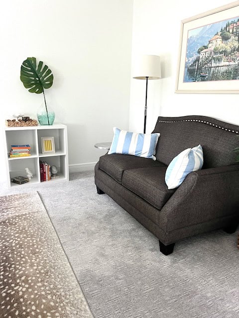 Dark gray love seat with blue and white stripe pillows