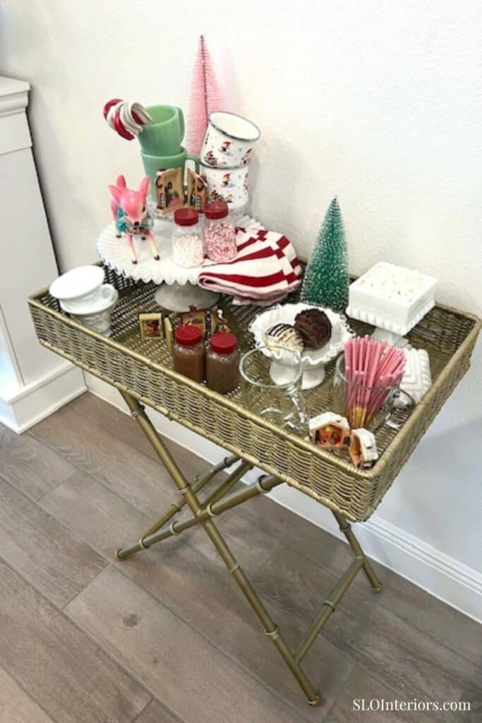 Gold woven stand holding hot cocoa supplies