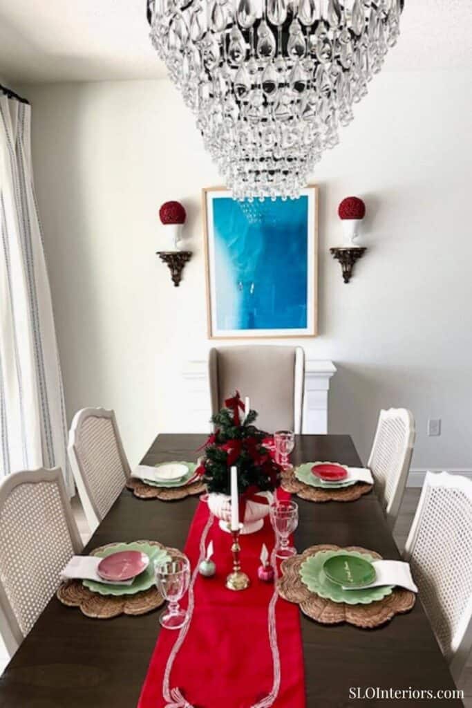 Christmas table setting with crystal chandeliers