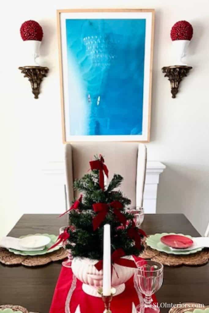 Christmas Table Decor with vintage white vases and faux berry balls