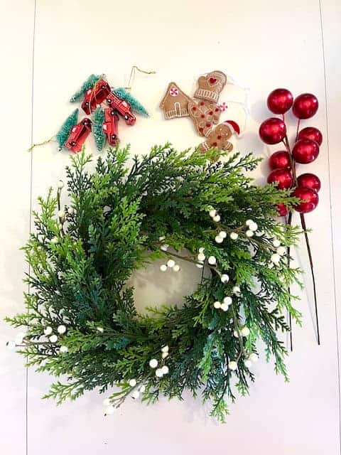 Faux Boxwood Wreath and Red Ornaments