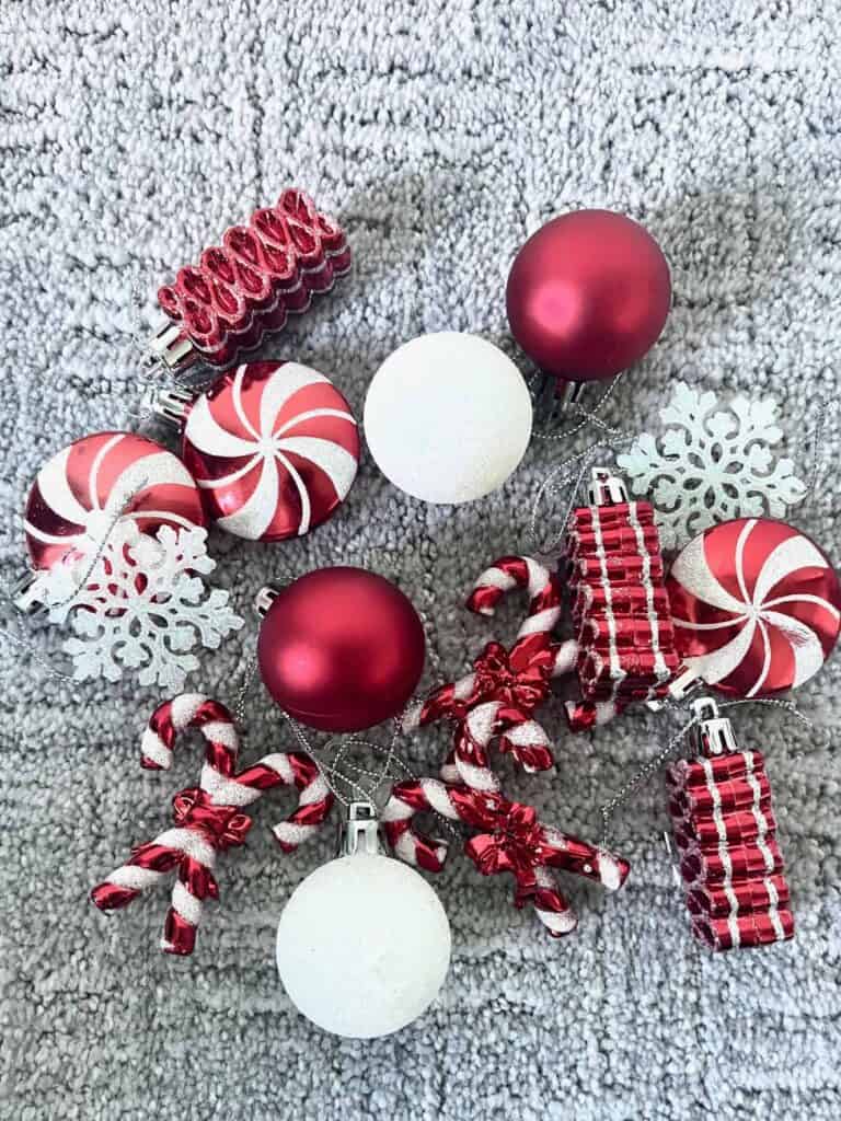 Red and white candy cane themed ornaments