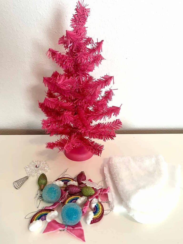 Mini pink Christmas tree and ornaments