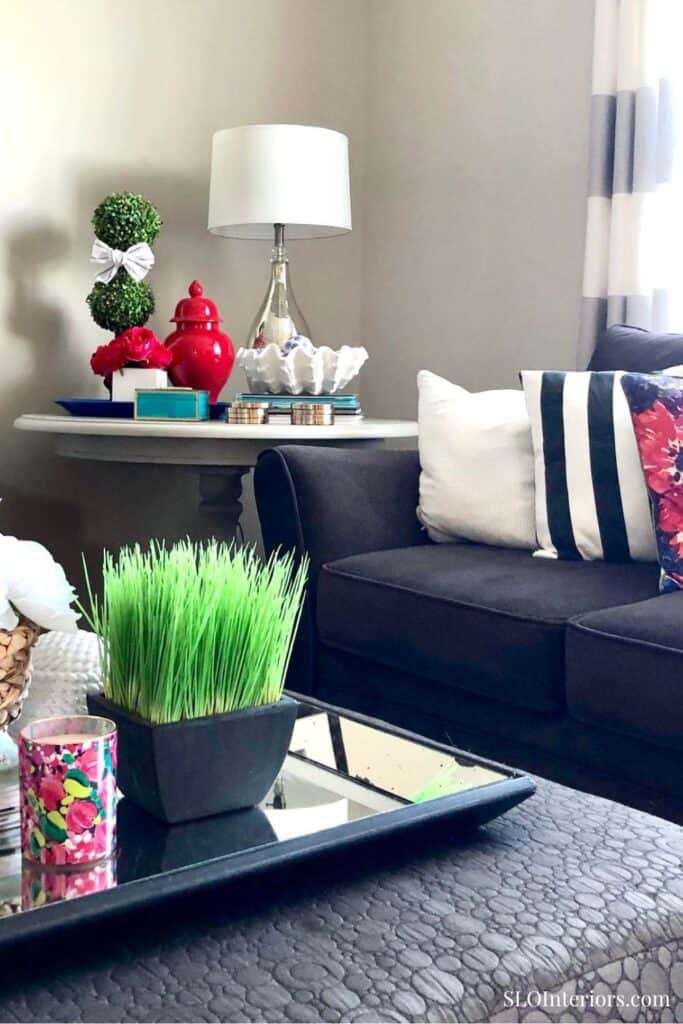 A cozy living room with modern decor, colorful pillows, and decorative plants.