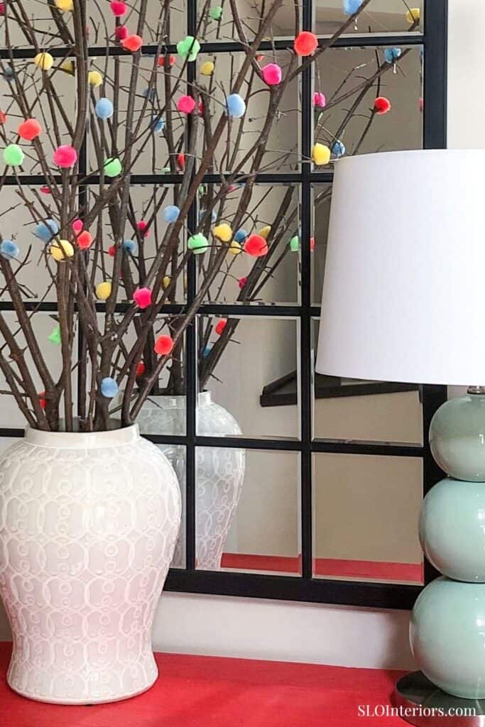 Styled shot of colorful DIY Easter centerpiece for spring