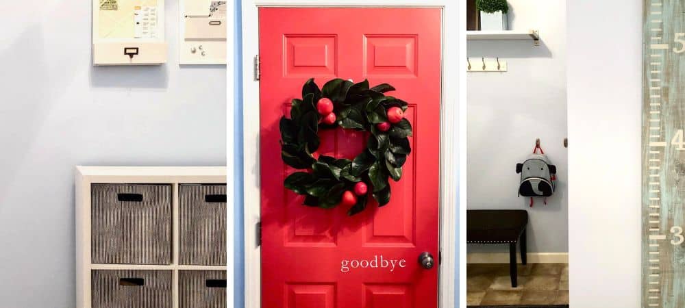 A colorful holiday wreath on a red door in a modern interior setting.
