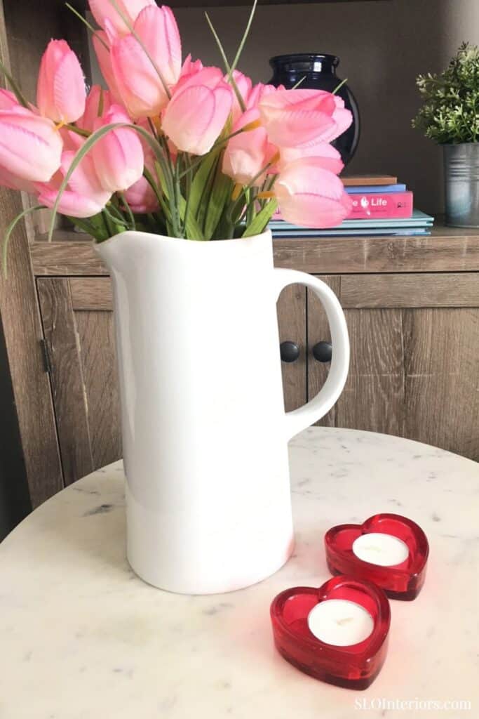 Pink tulips in a white ceramic pitcher, home decor arrangement, SLO Interiors.