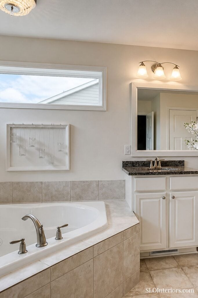Luxury bathroom with bathtub, vanity, and modern lighting fixtures.
