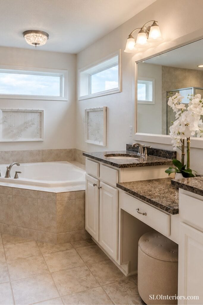 Elegant bathroom with white cabinetry, granite countertop, and a soaking tub.