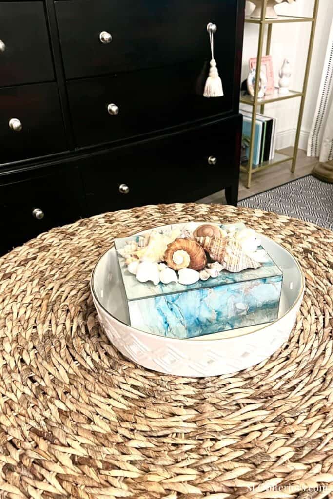 Decorative seashells and coral on a glass tray in a stylish interior setting.