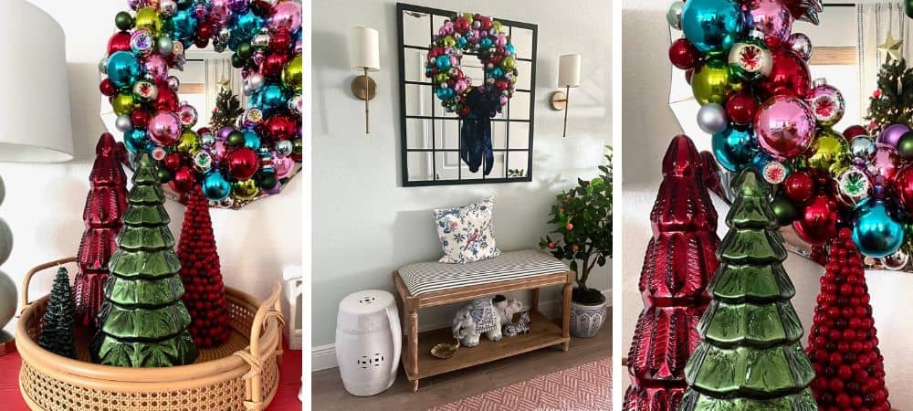 A festive Christmas wreath with colorful ornaments and greenery for holiday decor.