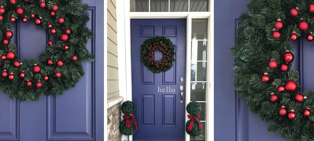 Festive front door decorated with Christmas wreaths and ornaments in a holiday setting.