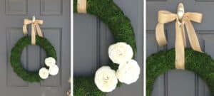 Set of three detail images of a DIY moss and flower spring wreath
