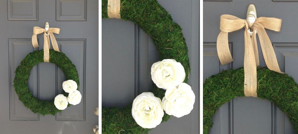 Set of three detail images of a DIY moss and flower spring wreath