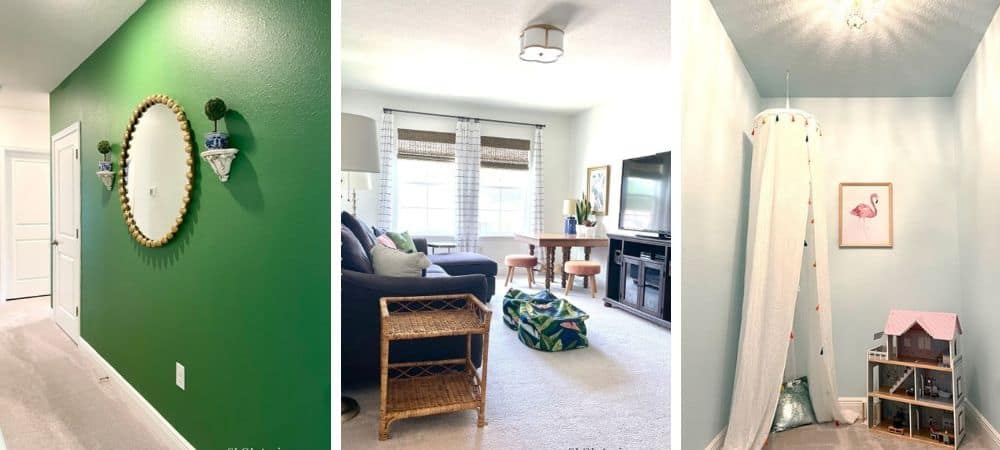 A colorful interior living space with vibrant green wall, cozy seating area, and decorative accents.