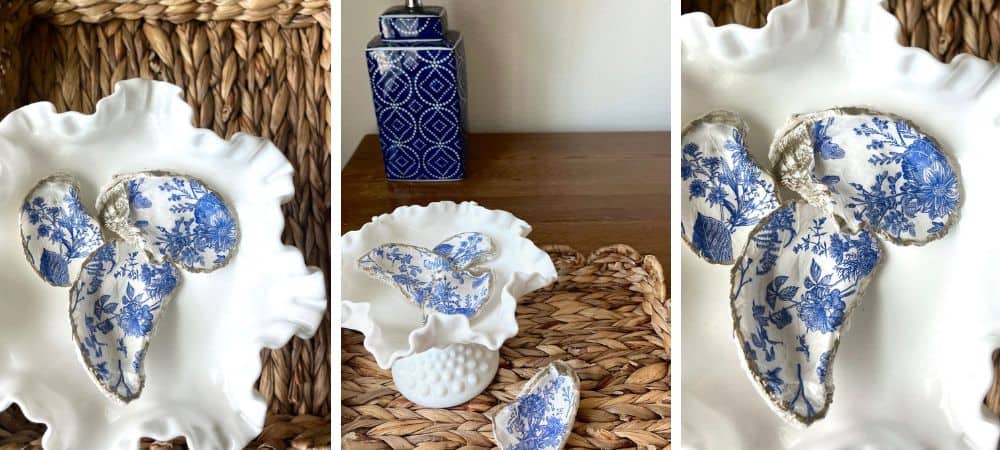 Blue and white floral ceramic butterfly decor on a white shell-shaped dish, SLO Interiors.