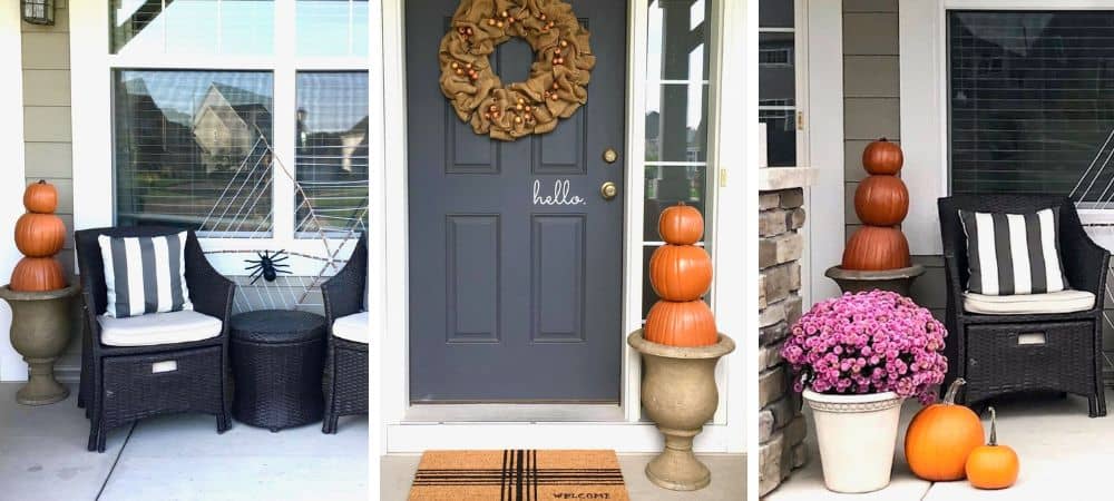 Modern porch with black wicker furniture, pumpkins, and fall decor for SLO Interiors.