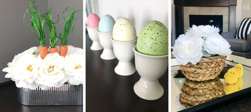 A colorful Easter-themed floral arrangement, decorative eggs, and white flowers in a basket.