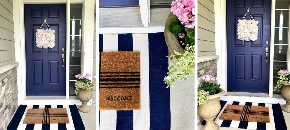Front door with floral wreath, welcome mat, and striped outdoor rug, SLO Interiors.
