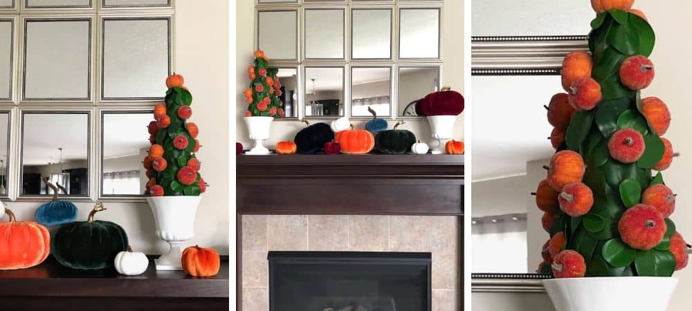 Festive fall-themed pumpkin and floral Christmas tree decorations in living room.
