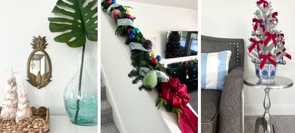 A decorative holiday interior with Christmas ornaments and festive decor.