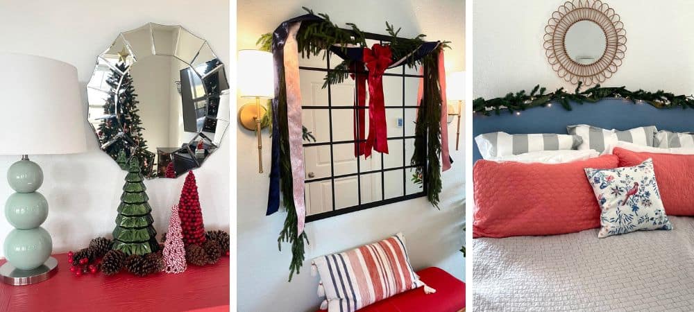 Christmas holiday home decor with festive ornaments and cozy bedding.