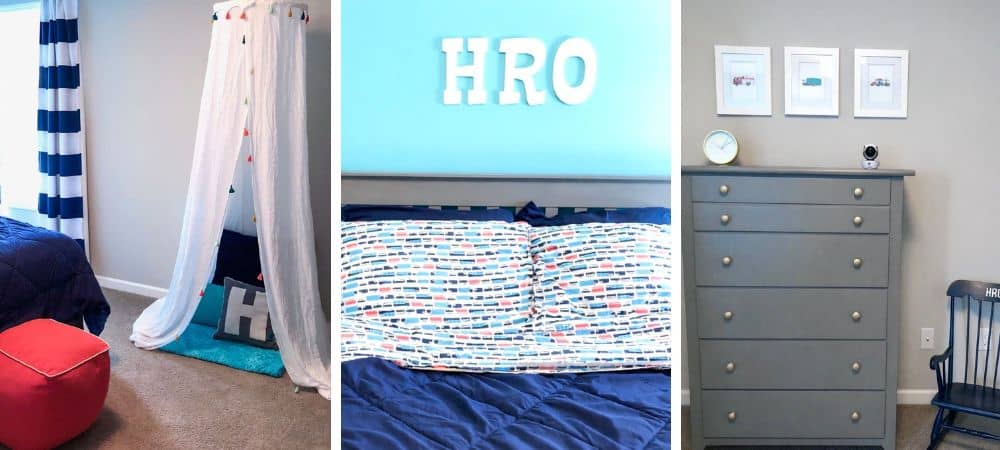 A cozy bedroom with colorful bedding, dresser, and decorative accents.
