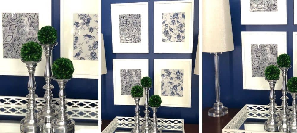 Elegant interior decor with framed floral artwork and decorative green topiary accents.