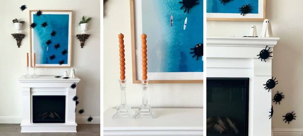 Black bug wall decals on white fireplace and wall art in modern home decor.