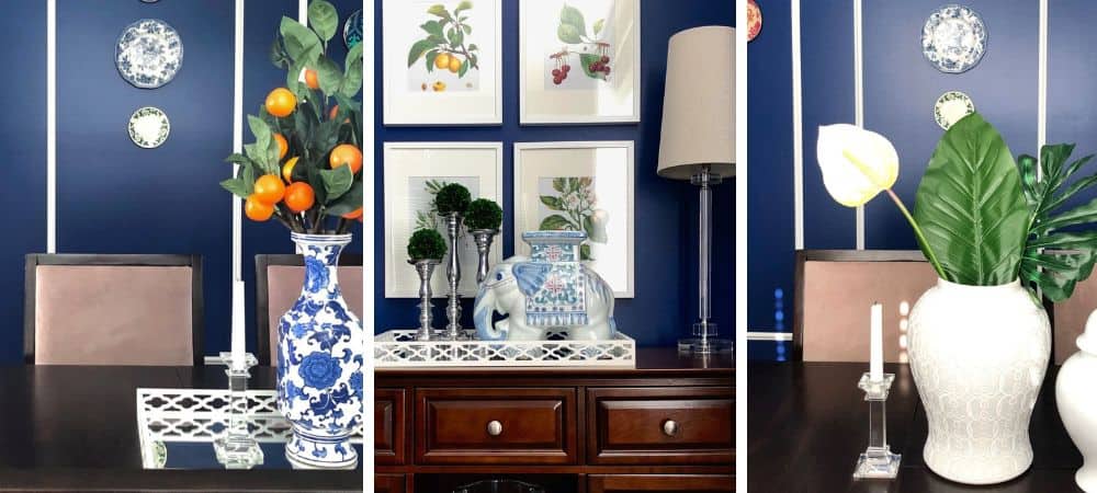 Elegant interior decor with blue and white accents, lush plants, and decorative vases.