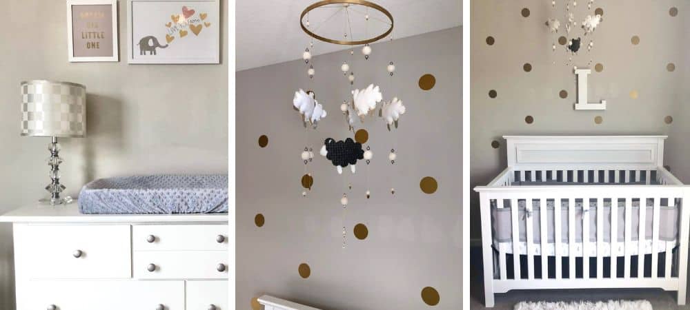 Modern nursery with white furniture, wall decor, and playful accents for a baby's room.