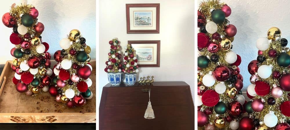 Festive Christmas trees with ornaments and holiday decor in a home interior setting.