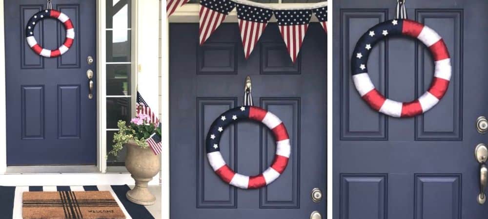 Patriotic holiday wreaths on navy blue front door with American flags and decorations.