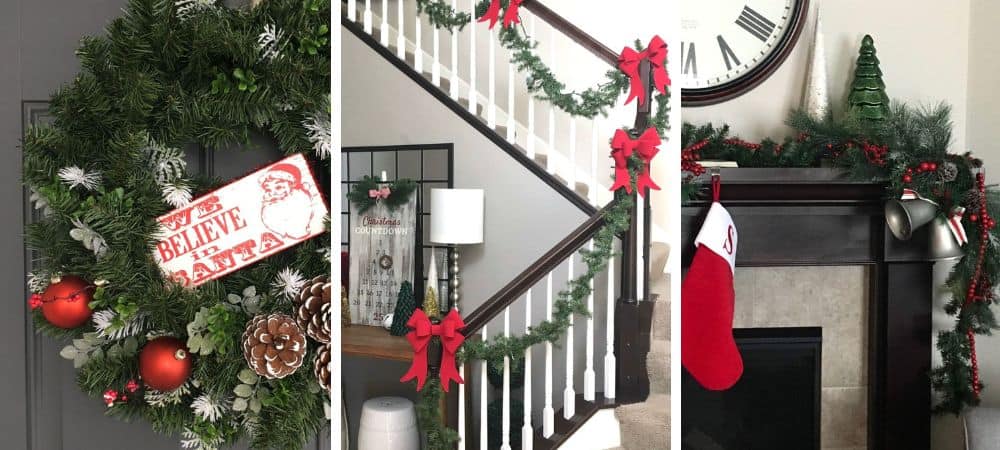 A festive Christmas decor with wreaths, garlands, and holiday ornaments in a home interior.