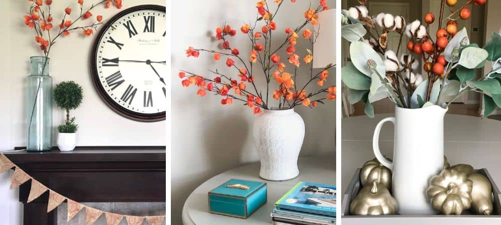 Elegant autumn-themed home decor with vases, flowers, and pumpkins.