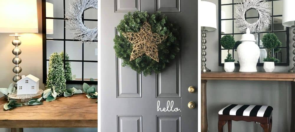 A cozy holiday entryway with festive decorations and stylish decor accents.