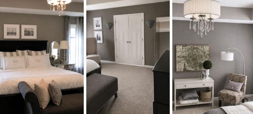 Elegant bedroom with neutral tones, modern decor, and stylish furniture.