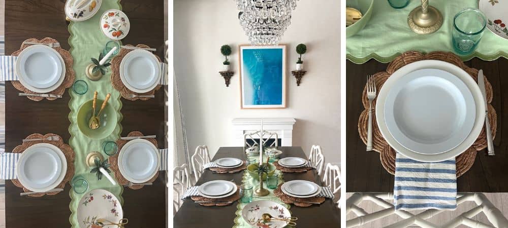 Elegant dining table setup with vintage china and floral accents for SLO Interiors.