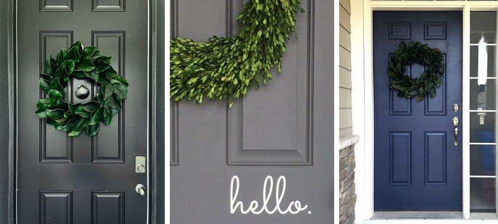 Decorative holiday wreaths on front doors with festive decor and greenery.