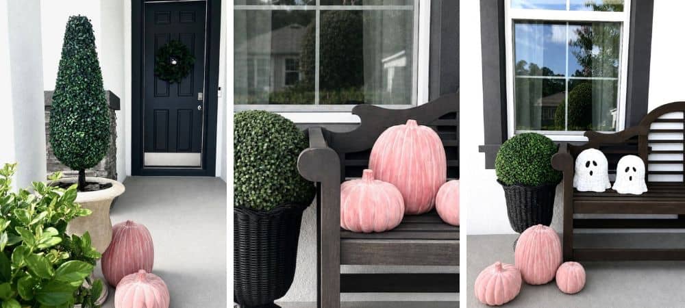 Festive Halloween porch decor with pumpkins and ghost figures at SLO Interiors.