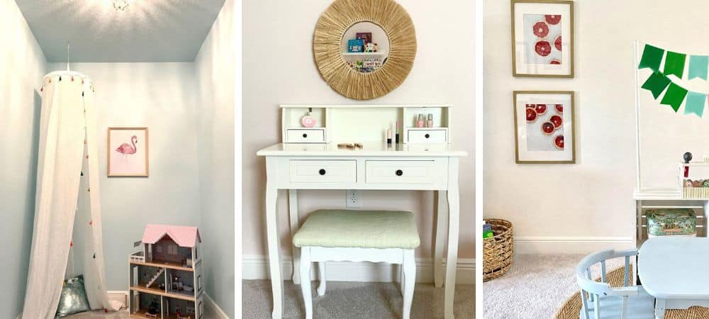 Interior of a stylish, modern home with a white vanity, framed art, and cozy decor.