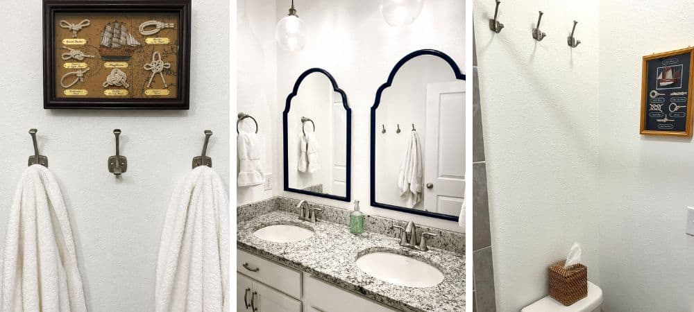 Decorative hooks and towel racks in a modern bathroom setting.