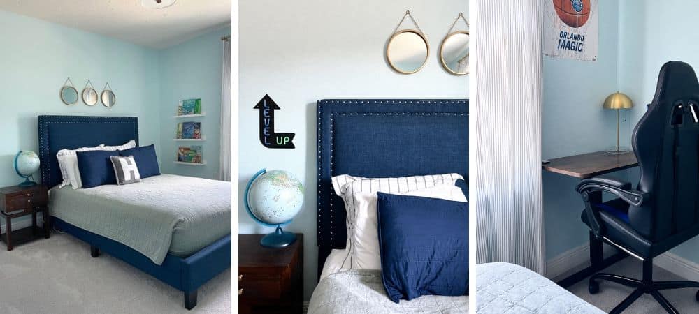 Modern bedroom with blue upholstered bed and decorative wall mirrors.