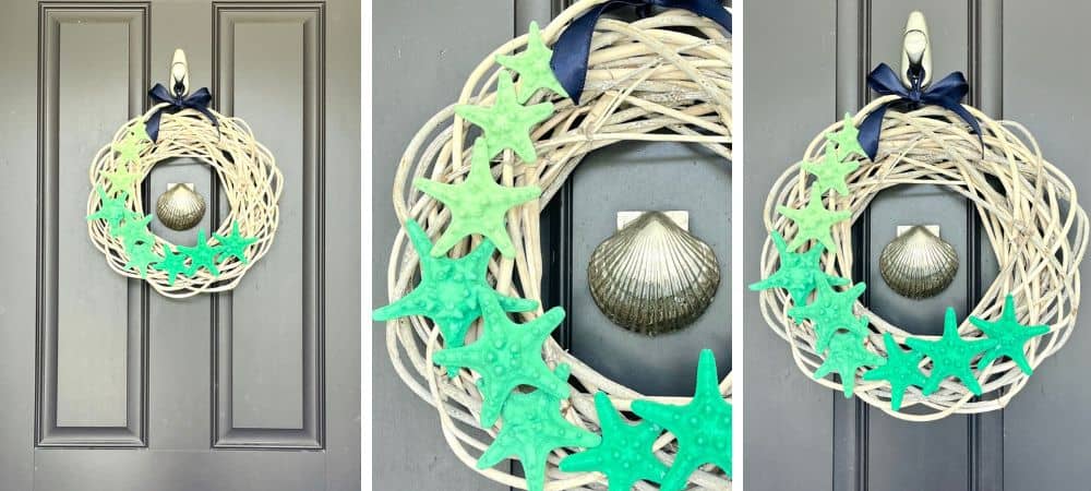 Beach-themed wreath with starfish and seashells on a door.