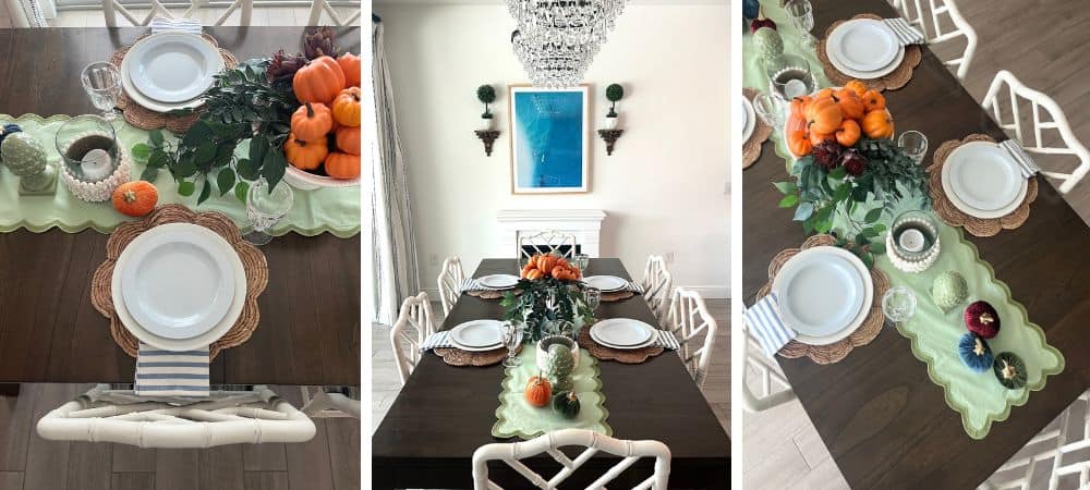 Elegant dining table decorated for fall with pumpkins and colorful ornaments.