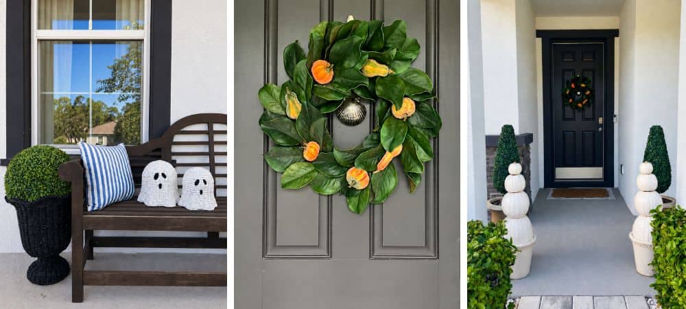 Festive holiday wreath on front door with Halloween decorations and porch decor.